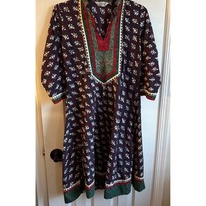 Biba Vintage Tunic Mini Dress 70s Blue Yellow 3/4 Sleeve